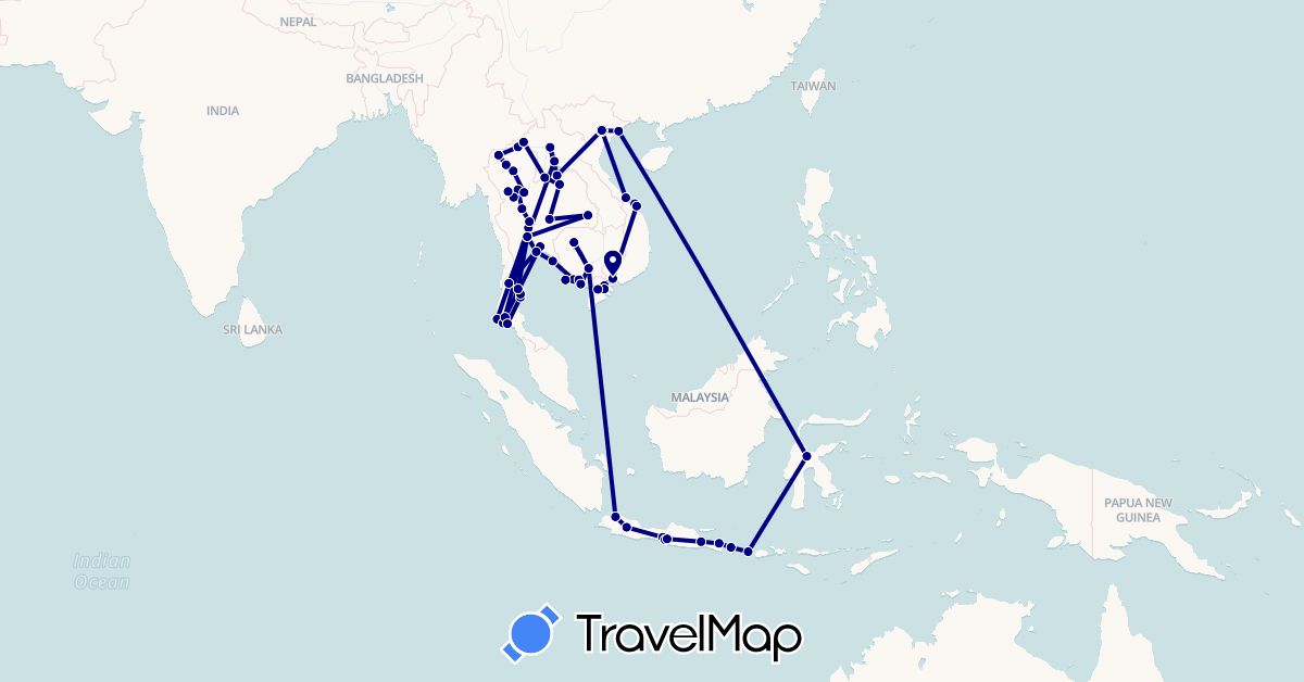 TravelMap itinerary: driving, plane in Indonesia, Cambodia, Laos, Thailand, Vietnam (Asia)